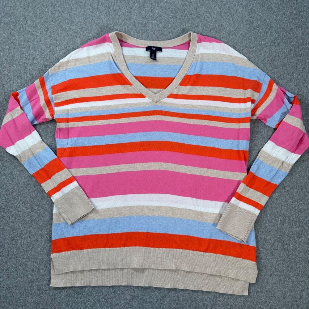 Gap Striped V-Neck Pullover Sweater Women's Medium Long Sleeve Cotton
